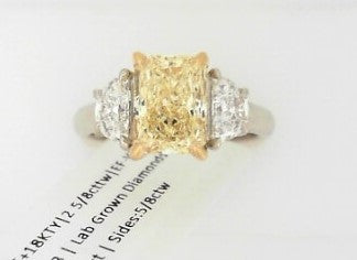 Ladies Platinum And 18 Karat Yellow Gold Diamond Engagement Ring With = 2.08Tw Radiant F VS2 Yellow Diamond And = 0.70Tw Half Moon E/F VS2 Diamonds Size 7 IGI Cert#67J928032411 Lab Grown