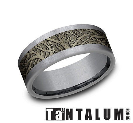 The Windsor - Grey Tantalum and Bronze Comfort Fit with Forest Branch Pattern Straight Edges - 8mm - Size 10