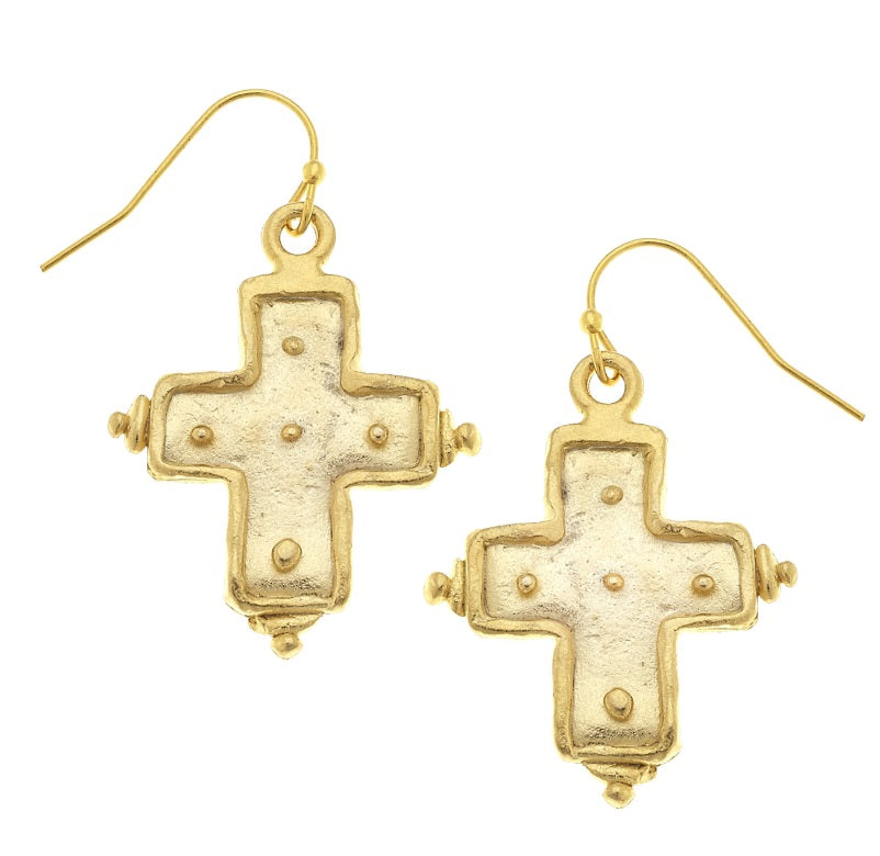 Hand Cast Gold Cross With Dots Earrings