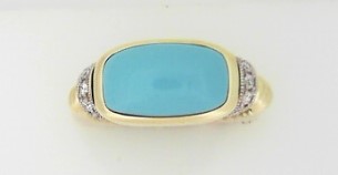 Ladies 14 Karat Yellow Gold Fashion Ring With 2.25Tw Rectangular Cushion Turquoise And 0.10Tw Round G/H Si2 Diamonds Size 7