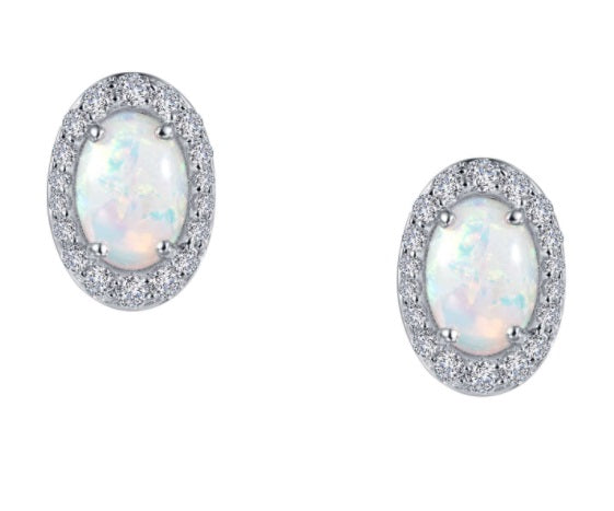 Sterling Silver Rhodium Plated Vintage Inspired Oval Stud Earrings with Simulated Opal and Halo with Lassaire Stones 1.94 TW