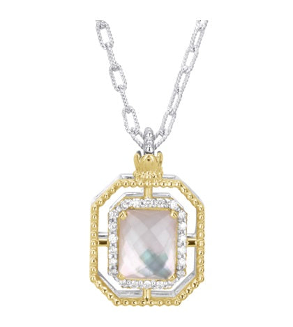 Ladies 14 Karat Yellow Gold & Sterling Silver Diamond Necklace With Rectangular Mother Of Pearls And 0.22Tw Round G/H Si2 Diamonds and 18