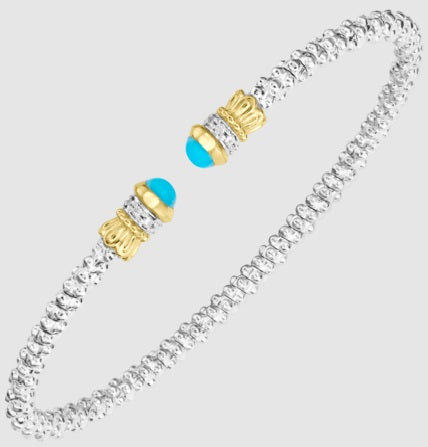 Ladies 14 Karat & Sterling Silver Diamond Open End Bangle 2MM With 0.05Tw Round G/H Si2 Diamonds and Turquoise Ends