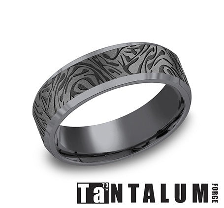 The Katana - Darkened Tantalum Comfort fit with Faux Mokume Pattern and Polished Slightly Beveled Edges - 7mm - Size 10