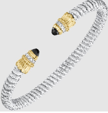 Ladies 14 Karat Yellow Gold & Sterling Silver Diamond Open End Bangle 4MM With 0.08Tw Round G/H Si2 Diamonds and Black Onys Ends