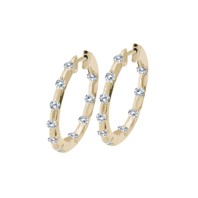 Ladies 14 Karat Yellow Gold Diamond Hoop Earrings With 0.50Tw Round H/I Si2 Diamonds