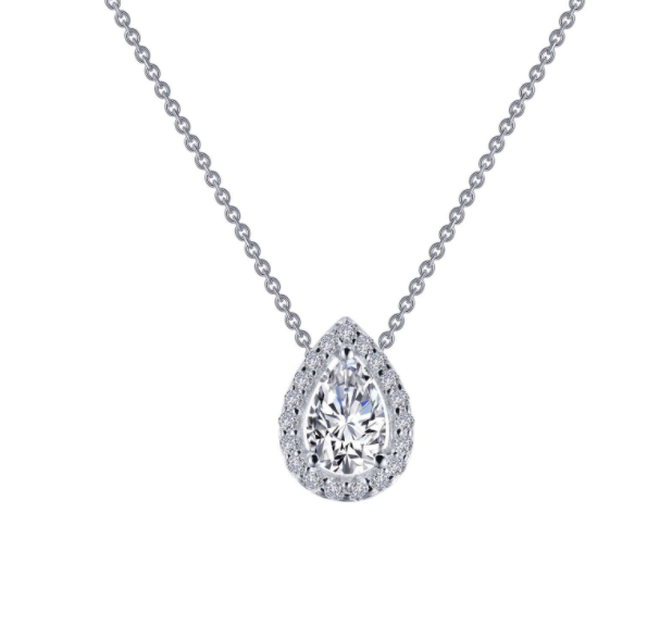 Sterling Silver Rhodium Plated Halo Pear Shape Necklace with 0.58 CTW Lassaire Stones 18