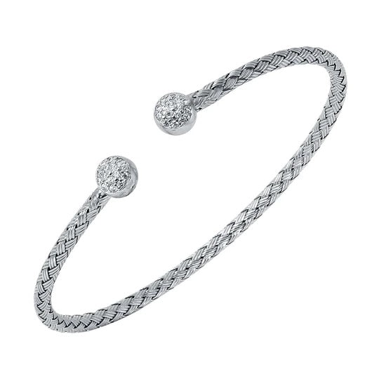 Sterling Silver 3mm Mesh Cuff with CZ, Rhodium Finish