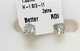 Ladies 14 Karat White Gold Diamond Studs With = 1.00Tw Round H/I SI3 Diamonds Four Prong Mounting