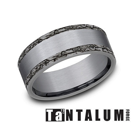 The Hadrian - Grey Tantalum Comfort Fit with Satin Center Stone Wall Patterned Edges - 7mm - Size 10