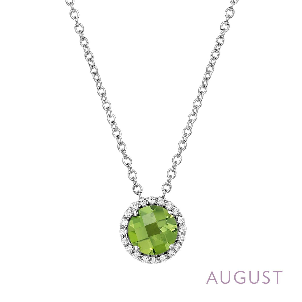 Sterling Silver Rhodium Plated August Peridot Birthstone Necklace with Lassaire Stone Halo 18