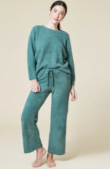 Solid Marshmallow Reverse Seam Crew Neck Lounge Set With Bracelet Sleeve-Dusty Green-M