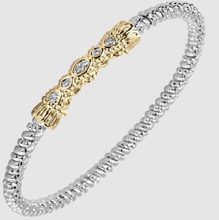 Ladies 14 Karat Gold & Sterling Silver Diamond Closed Bangle 3MM With 0.06Tw Round G/H Si2 Diamonds