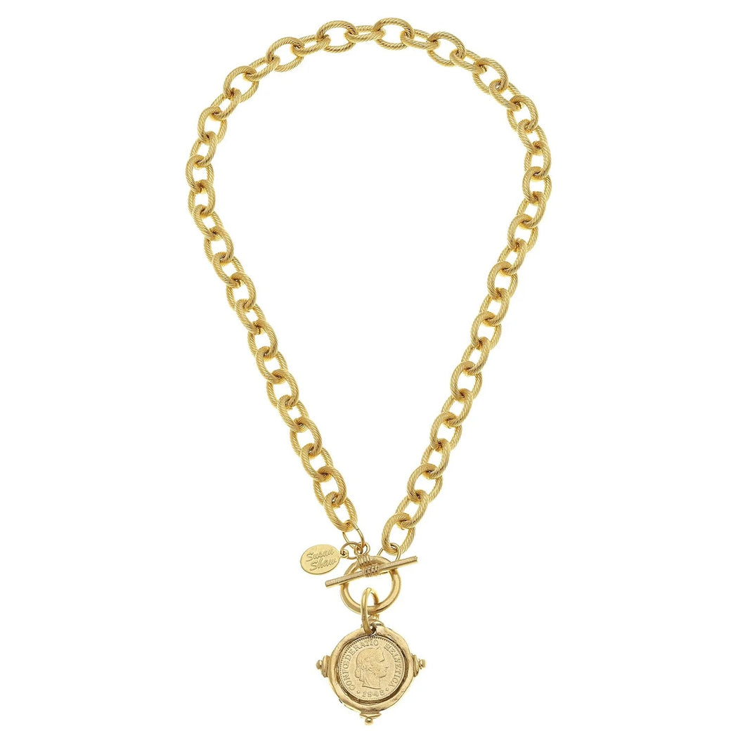 Coin Toggle Necklace/ Triple-Plated 24K Gold/ 16 Inches