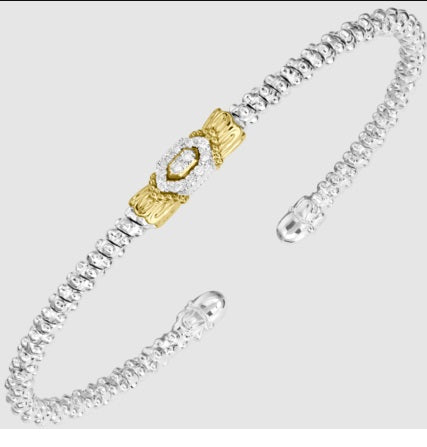 Ladies 14 Karat Yellow Gold & Sterling Silver Diamond Closed End Cuff 2MM With 0.09Tw Round G/H Si2 Diamonds