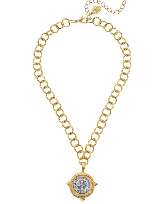 Gold/Silver Tone ST. Benedict Cross On Chain Necklace