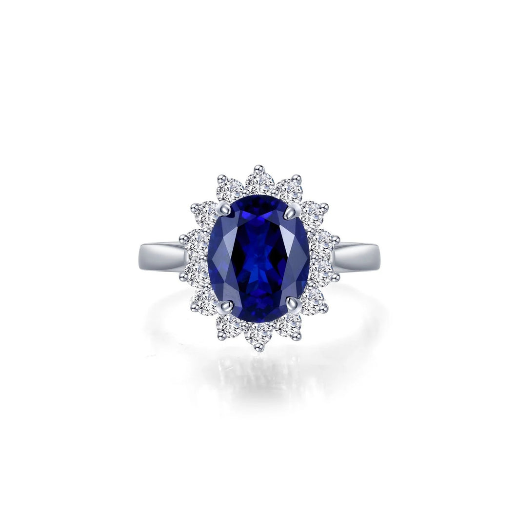 Sterling Silver Rhodium Plated Lab-Grown Blue Sapphire Ring 3.10 CTW w/ Lassaire Stone Halo