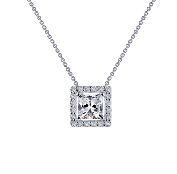 Sterling Silver Rhodium Plated Halo Princess Cut Necklace with 0.76 CTW Lassaire Stones 18