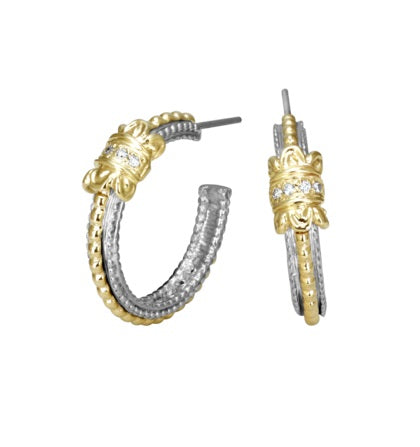 Ladies 14 Karat Gold & Sterling Silver Diamond Hoop Earrings With 0.08Tw Round G/H Si2 Diamonds