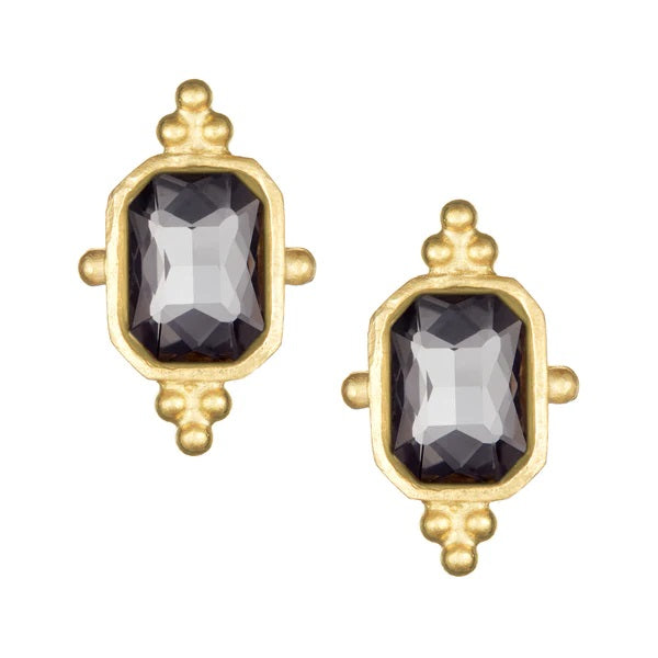 Handcast Gold Slate Grey Rectangle Crystal Stud Earrings / 24K Gold Plated