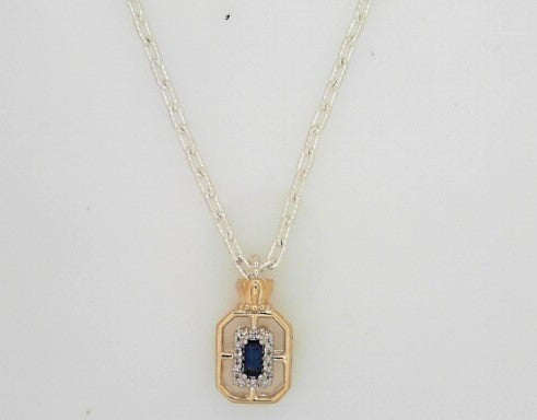 Ladies 14 Karat Yellow Gold & Sterling Silver Diamond Necklace With 4.00X2.00Mm Baguette Sapphire G/H Si2 Diamonds And 0.06Tw Round G/H Si2 Diamonds With 18