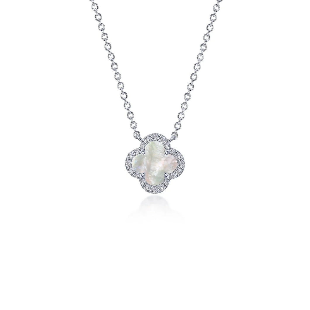 Sterling Silver Rhodium Plated White Four Leaf Clover Halo Necklace 0.49 CTW Lassaire Stones 20