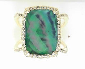 Ladies 14 Karat Yellow Gold Fashion Ring With Rectangular Cushion Black Onyx/Green Moonstone And 0.23Tw Round G/H Si2 Diamonds Size 7