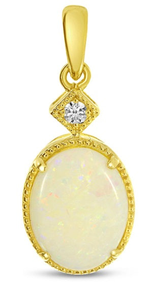 Ladies 14 Karat Yellow Gold Fashion Pendant With 0.02Tw Round G/H Si2 Diamond And 0.96Tw Oval Opal With 18