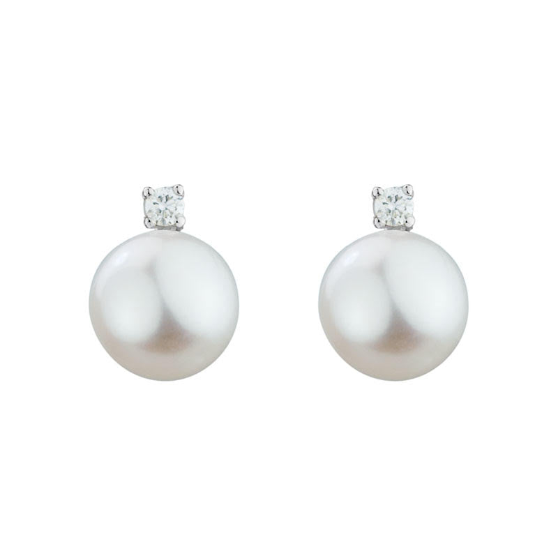 Ladies 14 Karat White Gold Stud Freshwater Pearl 8MM Earrings  With 0.07Tw Round H/I Si2 Diamonds